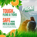 Promotional panel showing Flea & Tick spray claims with a person and dog in a mountain scene and citrus leaf accents