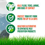 Infographic panel listing product benefits: kills fleas, ticks, larvae, eggs; protect pet up to 14 days; healthier alternative