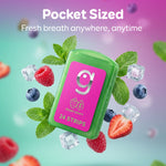 Floating Grin Strips berry minty pocket case surrounded by ice cubes, berries and mint with pocket-sized headline.