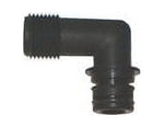 Black plastic 90-degree elbow port fitting with threaded male end and ribbed push-fit tail