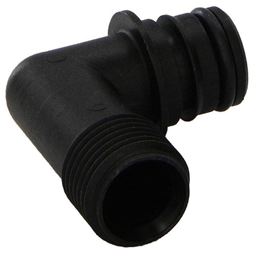 Flojet black plastic right-angle quad-port pump fitting with ribbed connector and male threaded end