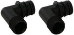 Pair of black 90-degree elbow port fittings with threaded male ends and ridged push-fit tails on white background