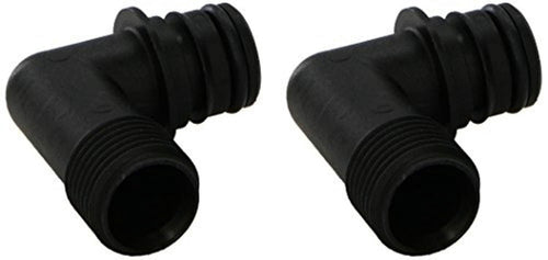 Pair of black 90-degree elbow port fittings with threaded male ends and ridged push-fit tails on white background