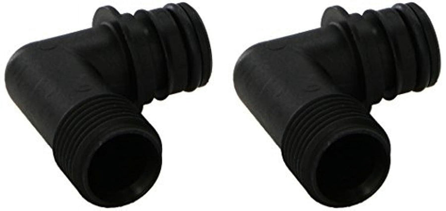Pair of black 90-degree elbow port fittings with threaded male ends and ridged push-fit tails on white background