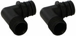 Two black plastic 90-degree elbow fittings shown side-by-side with threaded and ribbed connector ends