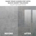 Before and after tiled floor panel showing shinier finish on right with headline promoting Quick Shine polish results