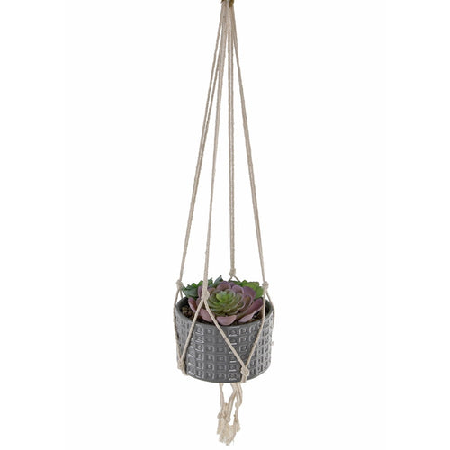 Grey textured ceramic hanging planter in macramé rope with faux succulent inside