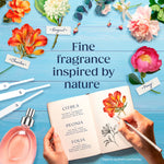 Flatlay illustration of flowers, perfume bottle and notebook with text 'Fine fragrance inspired by nature' and scent names