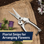 Pruning shears resting on burlap beside purple flowers with graphic text ‘Florist Snips for Arranging Flowers’.
