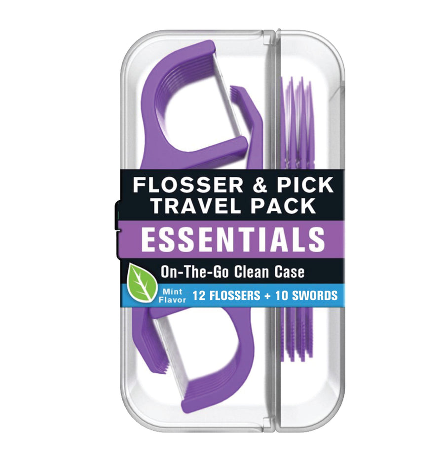 Clear plastic travel case showing purple flossers and picks with label reading “Flosser & Pick Travel Pack Essentials”