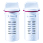 Two white cylindrical Fluidmaster refill cartridges with vented sides and purple sealing rings on a white background