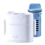 White Fluidmaster cartridge with a separate blue cleaning insert for toilet bowl cleaning system.