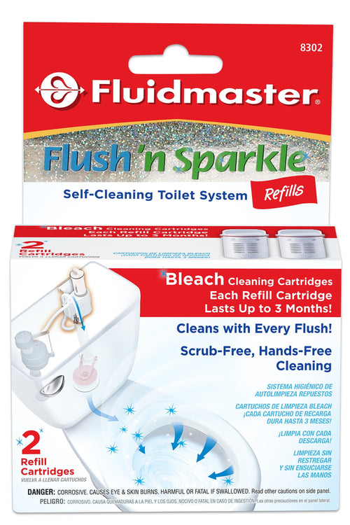 Front-facing retail carded package of Fluidmaster Flush 'n Sparkle refills with product name and bleach cartridge artwork