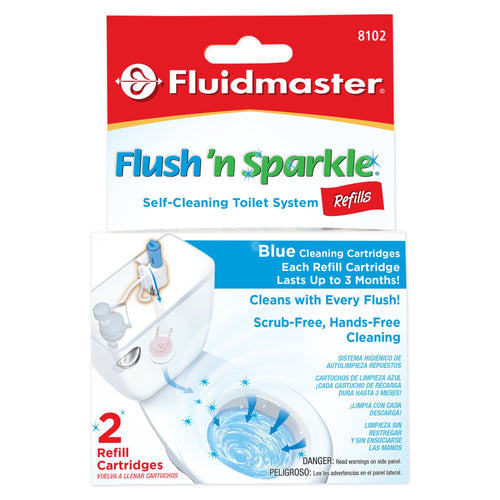 Fluidmaster Flush ’n Sparkle retail box showing blue refill cartridges and toilet bowl graphic