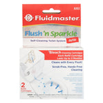 Clean studio photo of Fluidmaster Flush 'n Sparkle retail pack front with product name, artwork and cleaning claims visible