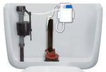 White Fluidmaster cleaning unit installed inside a toilet tank next to flush valve and fill valve, showing hoses and attachment.