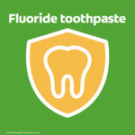 Yellow shield icon with a tooth outline and the text 'Fluoride toothpaste' on a green background