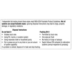 Black text panel with disposal and flushing instructions describing when wipes are not flushable and precautions