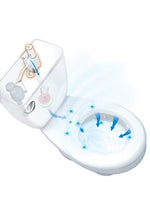 Graphic illustration of a toilet and tank showing blue arrows and sparkle effects from a Fluidmaster automatic cleaning system