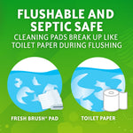 Graphic stating "Flushable and Septic Safe" with icons comparing Fresh Brush pad dissolving to toilet paper