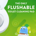 Partial toilet bowl, Scrubbing Bubbles mascot and bold text reading 'THE ONLY FLUSHABLE TOILET CLEANING PAD' on a green background.