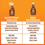Comparison chart showing Rust Stain Remover foaming spray versus original pour bottle and their best uses