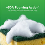 Close-up of foamy suds on a green-and-yellow sponge with text about increased foaming action