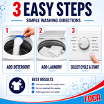 Instructional infographic titled '3 Easy Steps' showing add detergent, add laundry, and select cycle with best results tips and FOCA branding.