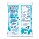 Back of a FOCA powder detergent bag showing washing directions, product text panels, barcode and ingredients area on blue-icy background.