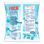 Back of FOCA powder detergent bag showing washing directions, product claims, ingredients panel and manufacturer information on icy blue artwork.
