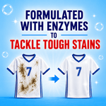 Advertising graphic stating the detergent is formulated with enzymes, showing a dirty sports jersey and the same jersey cleaned.