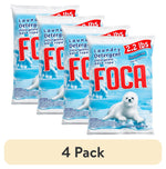 Four-pack arrangement of FOCA powder laundry detergent bags with seal pup artwork and blue icy background.