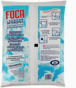 Back of FOCA laundry detergent bag showing usage instructions, product text blocks and barcode on blue-white background