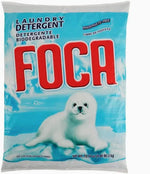 FOCA laundry detergent blue bag front with large red FOCA logo and white seal pup on ice