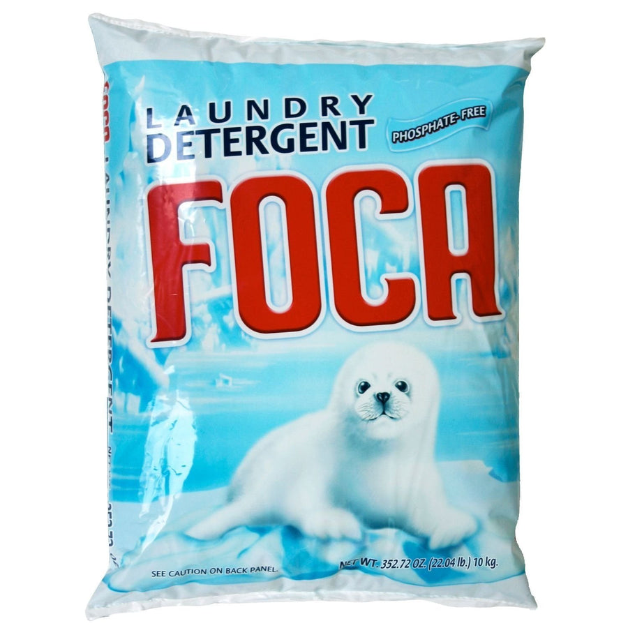Blue plastic bag of FOCA laundry detergent with large red FOCA logo and seal pup graphic