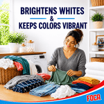 Lifestyle-style graphic of a person folding colorful laundry in a bright laundry room with text claiming it brightens whites and preserves colors.