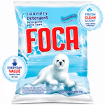 Front-facing bag of FOCA powder laundry detergent with seal pup artwork on blue ice background
