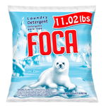 Front-facing bag of FOCA powder laundry detergent with seal pup artwork and prominent red FOCA logo on icy blue background.