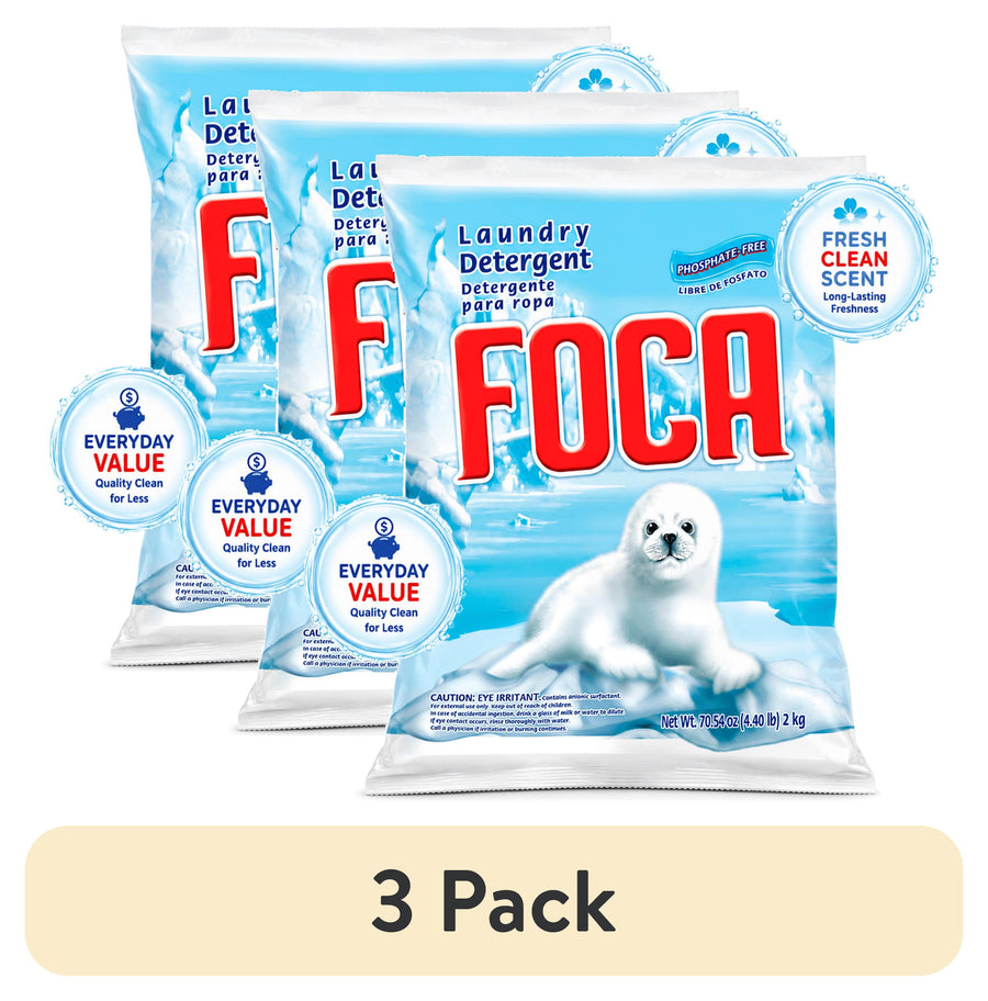 Three FOCA powder laundry detergent blue bags with seal pup artwork and everyday value badges, labeled 3 pack.