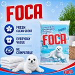 FOCA branded graphic with detergent bag, product icons and a plush seal pup beside folded towels on a blue background.