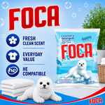 Promotional graphic showing FOCA logo, detergent bag, bubbles and icons for scent and HE compatibility
