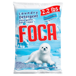Single FOCA powder laundry detergent bag showing red FOCA logo, seal pup image and 2.2 lbs banner on blue background.