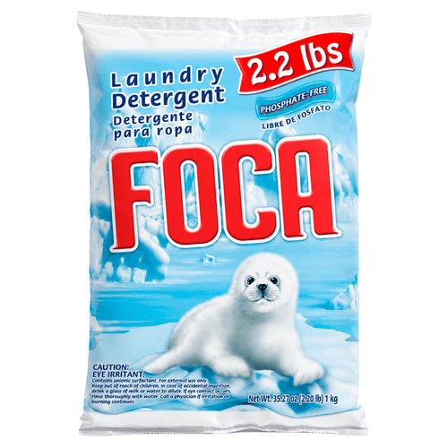 Single FOCA powder laundry detergent bag showing red FOCA logo, seal pup image and 2.2 lbs banner on blue background.