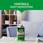 Aerosol fogger can releasing mist on a table in a cozy room scene with 'controls heavy infestations' header