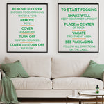 Living room scene with framed instruction panels listing removal and fogging steps above a sofa