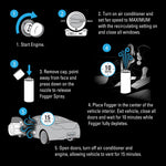 Instructional black panel showing step-by-step icons and text for using the fogger inside a vehicle with timings.
