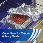 Foil-covered loaf pan on an oven rack with meatloaf topped in sauce, aluminum foil used as cover