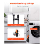 Lifestyle and detail graphic showing foldable stand-up storage, broom clip placement, and upright storage next to a cabinet and washing machine.
