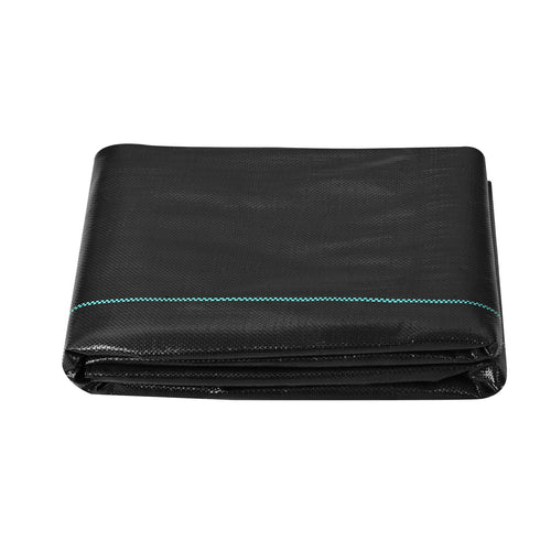 Folded black woven landscape fabric with a teal guide line, photographed on white background.