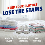 Lifestyle image of neatly folded clothes and sneakers on a bed with headline keep your clothes lose the stains and category labels